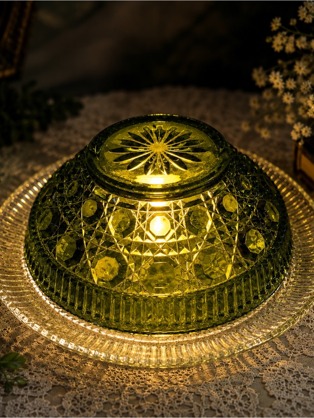 Vintage Windsor Button & Cane Fairy Lamp | Olive Green & Clear Glass Cottagecore